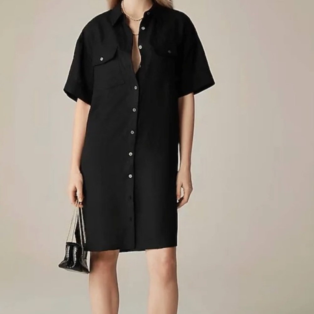 J. CREW Black 100% Linen Button Front Short Sleeve Utility Shift Shirt Dress M